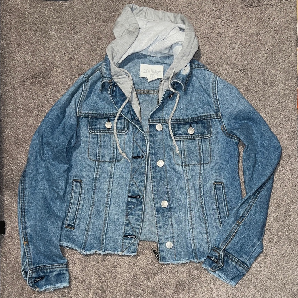 Sky and Sparrow Blue Denim Jacket with Light Gray Hood